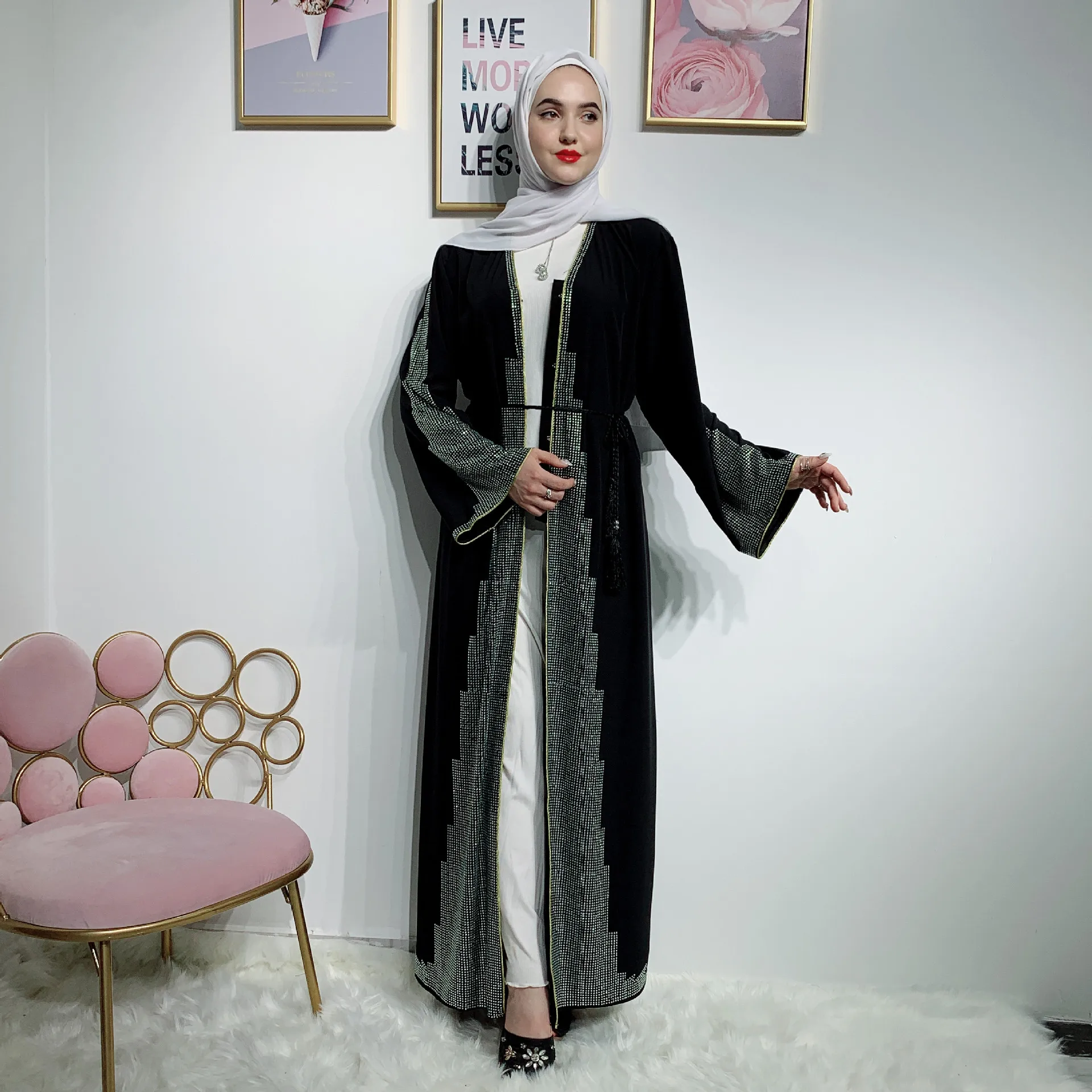 Роскошный мусульманский кардиган, украшенный бусинами, abaya, длинное кимоно, длинные халаты, Jubah, Дубай, Ближний Восток, Арабский исламский наряд