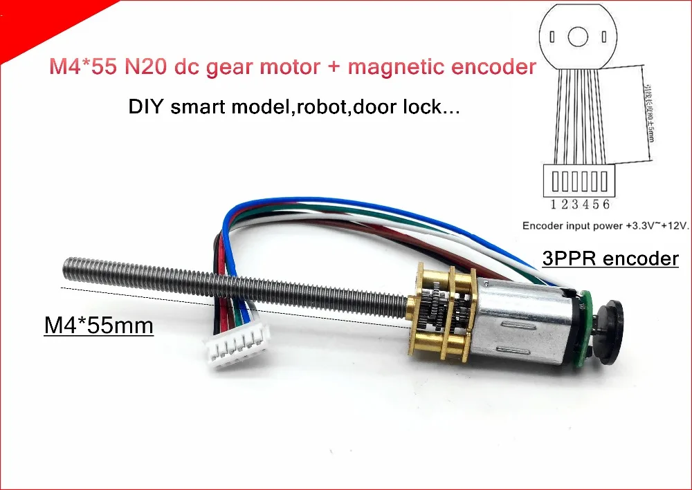 

NEW! M4*55mm n20 screw shaft dc gear motor with magnetic encoder,DIY Miniature small Screw,DIY smart model,robot,door lock...