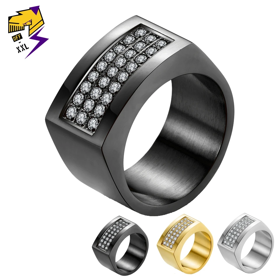 

Hiphop Ice Out Crystal Rings for Men Gold Silver Color Titanium Steel Big Square Black Ring Women Wedding Hip hop Jewelry