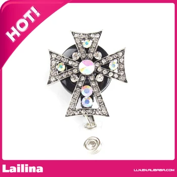 

Silver Cross Pull Reel Retractable ID Badge Holder with Rhinestones