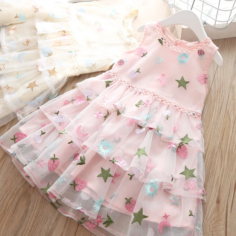 

Toddler Girls Cute Layered Party Dress Kids Wholesale Lots Bulk Clothes Cartoon Embroidery Little Girl Princess Dress Ivory Pink