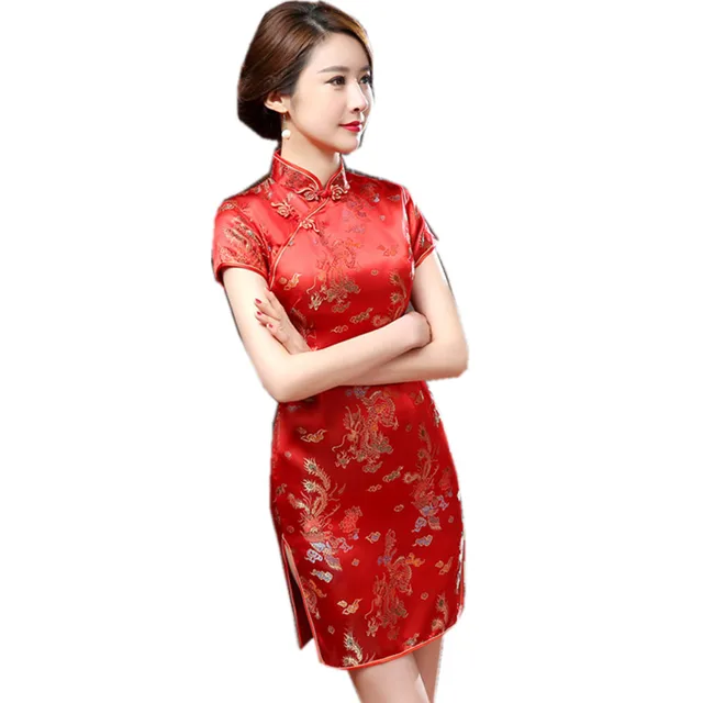 Red Chinese Traditional Cheongsam Dress Women's Silk Qipao