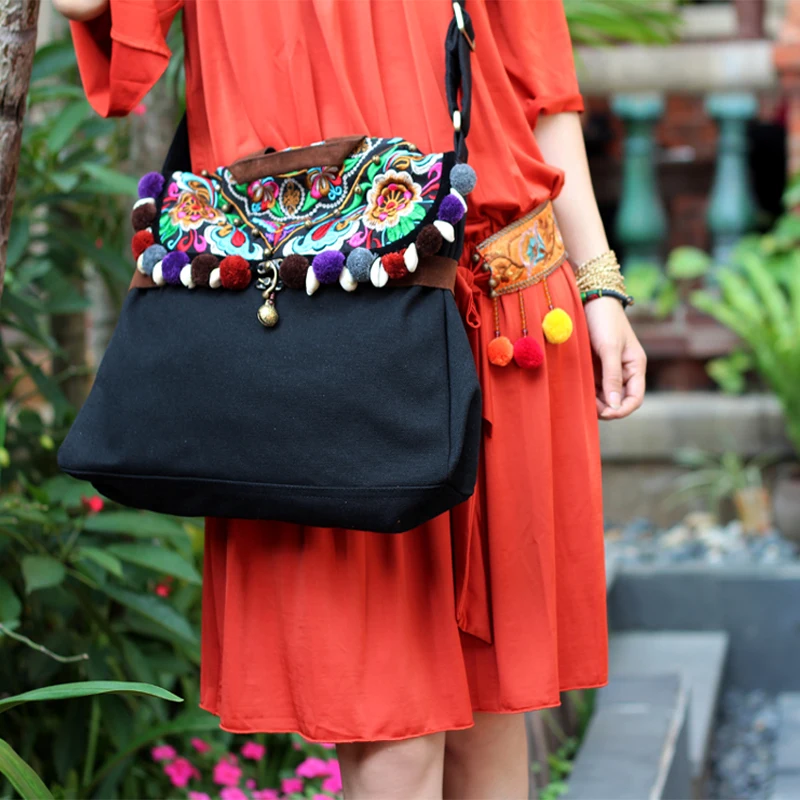 Новые поступления тайские сумки с вышивкой Naxi. Hani черные холщовые сумки через плечо экзотические повседневные женские дорожные сумки