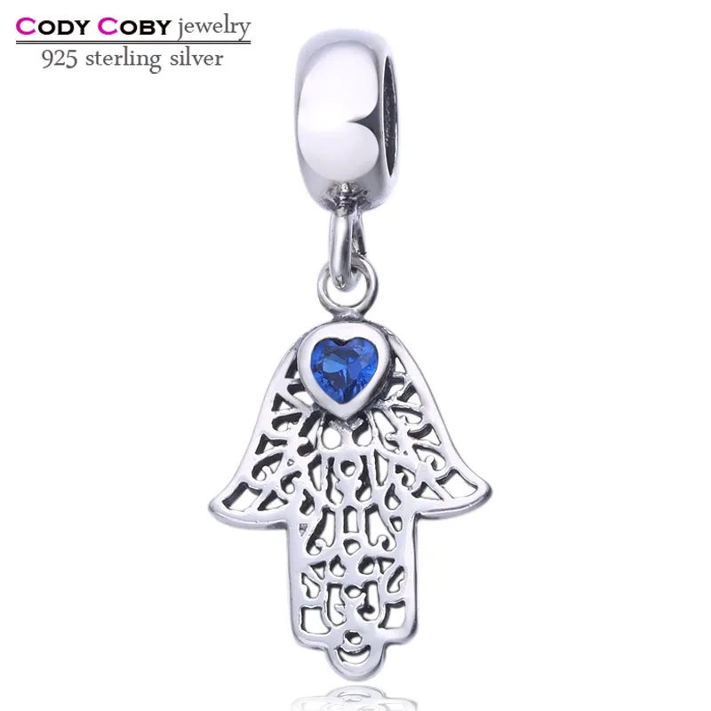 

925 Sterling Silver Hamsa Hand Pendant Charm With Blue Crystal Love Heart Beads Fit Pandora Bracelet For Women Original Jewelry