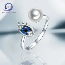 Merthus лакомство стерлингового серебра 925 pearl регулируемый глаз открытым Мода Марка кольцо для Для женщин Размеры 6 7 8 9