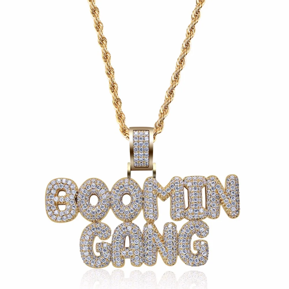 

Hip Hop Iced Out Gold Color Plated BOOMIN GANG Necklace & Pendant Micro Pave CZ Stone Charm Necklace for Men dropshipping