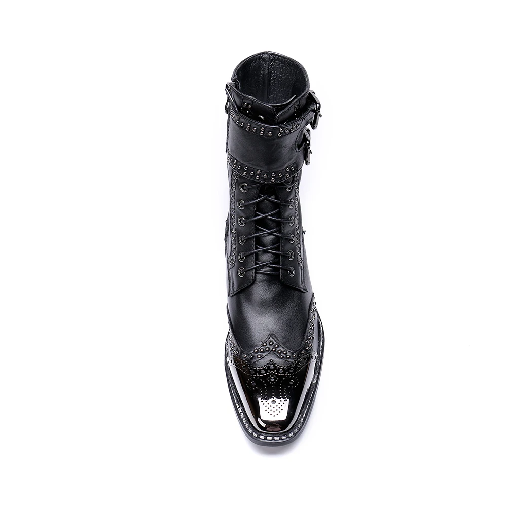 Punta Botas Negro Genuino Los Zapatos Cuero Metal Marca Combate Hombre Caballero Hombres Bella De Christia Nueva fU1w0n