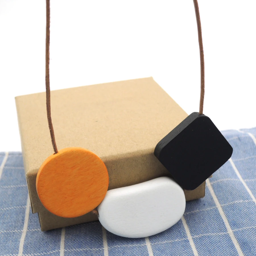 

wood painted ball necklace Faceted Geometric Necklace On leather cord minimalist 2019 SIMPLE NW319
