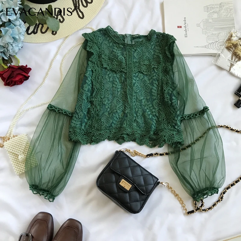 

Short Lace Women Blouse Mesh Long Sleeve Korean Hollow Out Crop Top Elegant Sexy Summer Vintage Black White Shirt Women Blouse