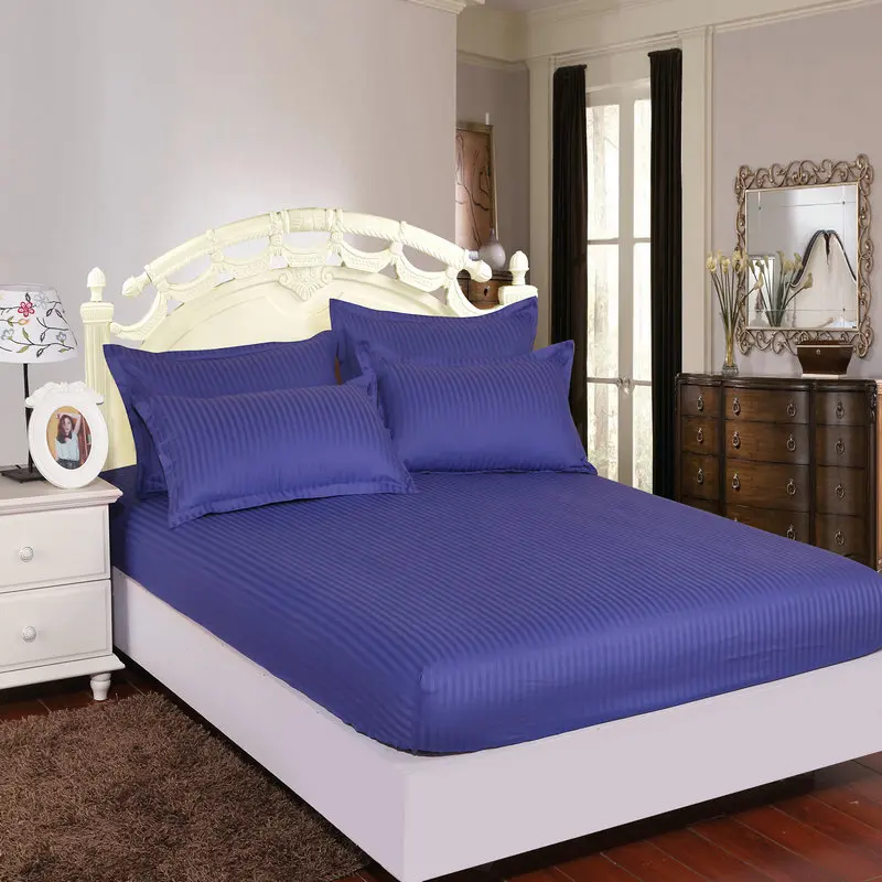Hotel 100% Cotton Satin Fitted Bed sheet Stripe Mattress Cover Four Corners With Elastic Band 12 Colors 5