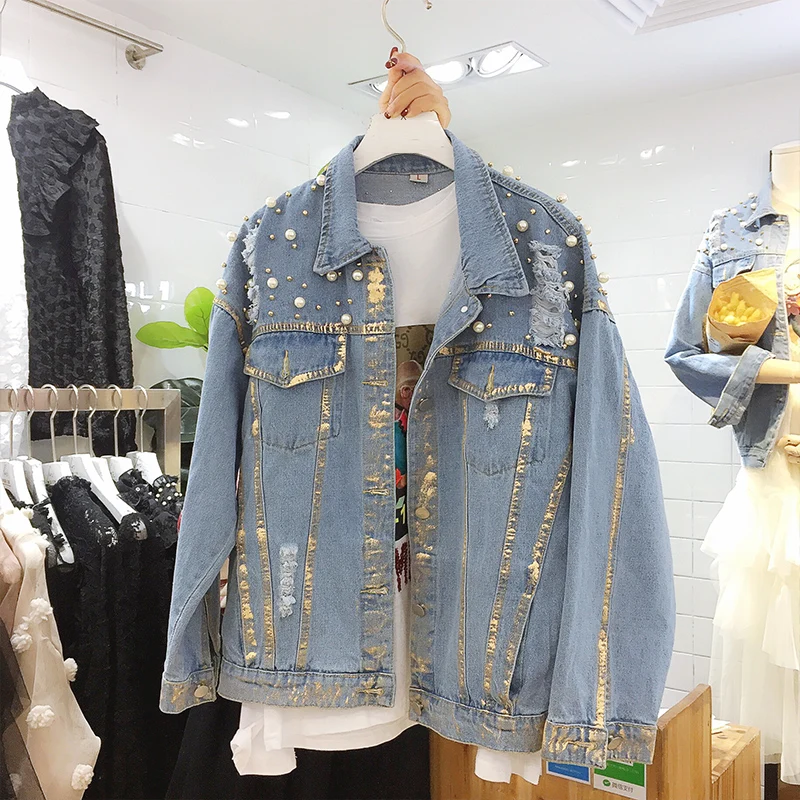 2018 Spring BF Style Women Basic Coats Women Denim Jacket Pearls Beading Jeans Coat Loose Long Sleeve jeans jacket women 2018 Spring BF Style Women Basic Coats Women Denim Jacket Pearls Beading Jeans Coat Loose Long Sleeve jeans jacket women