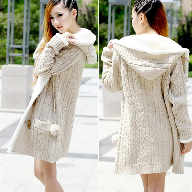 Осень Зима Одежда свитер кардиган пальто женский корейский Свободный средней длины с капюшоном плюс бархат толстый теплый женский вязаный жакет