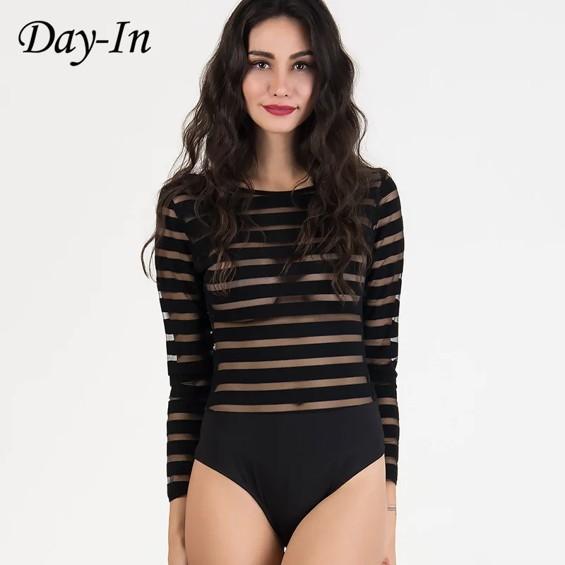 Day In Black&White Sheer Striped Backless Bodysuit Women