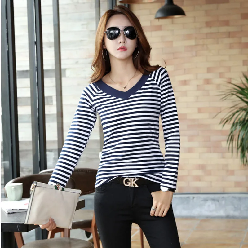 Vetement Femme Striped Tshirts Cotton Women Clothes V-Neck T-Shirt Long Sleeve Casual T Shirt Female Korean Womens Tops