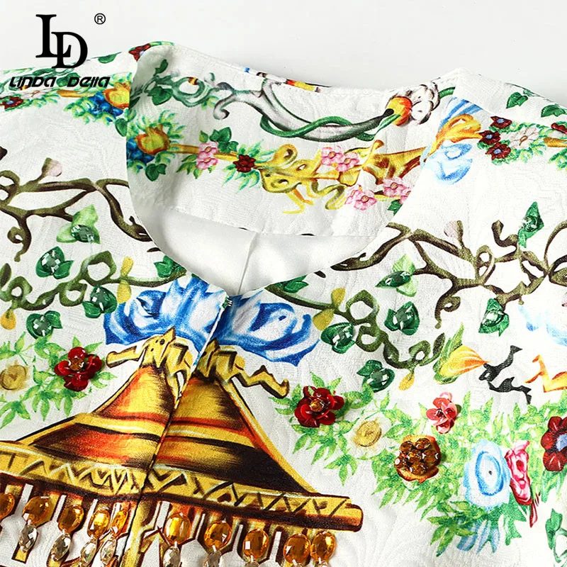 LD LINDA DELLA Autumn Winter Coats Women's Elegant Multicolor Floral Print crystal Beading Casual Outerwear Overcoat