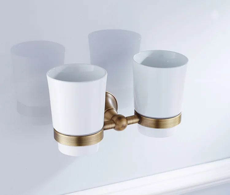 Antique Brass Ceramic Tooth Mug Tooth Gargle Cup with Brass Rack Holder Wall Mounted, with Two Ceramic Cups ZD887