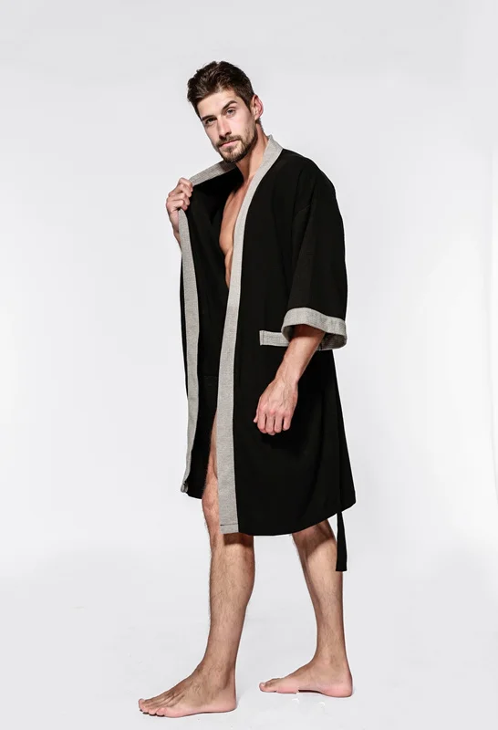 Для мужчин вафельные банные халаты халат с рукавами однотонные мягкие пеньюар ночные рубашки для девочек пижамы кимоно
