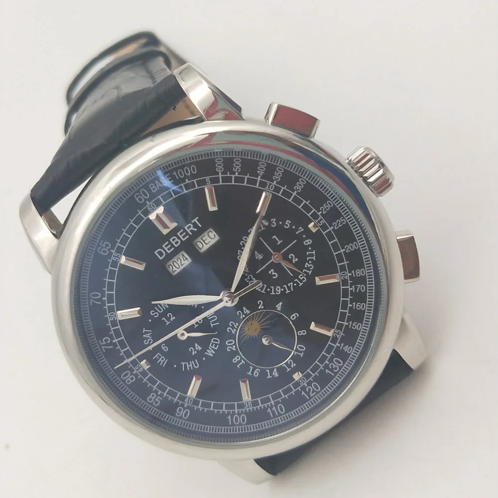 

debert automatic mens Watch 42mm debert black dial date day Moon Phase multifunction leather strap 12