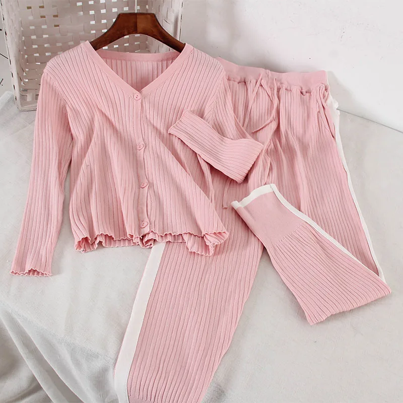 

2019 New Fashion Women's Two Piece Set Flare Sleeves Knitwear Wide Leg Pants Straight Suit Pants