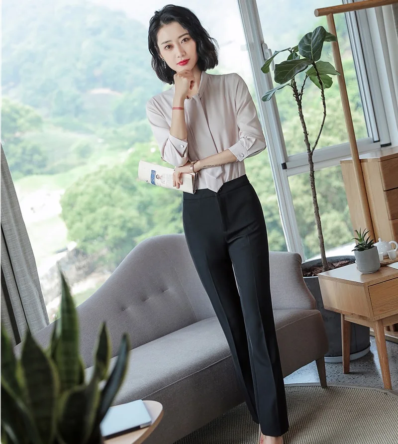 

Elegant Apricot 2019 Spring Autumn Formal Uniforms Styles Women Business Suits With Tops and Pants Ladies Blouses & Shirts Sets