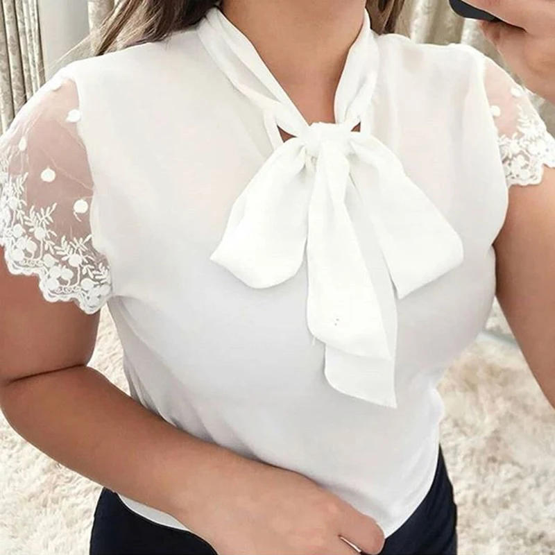 Umeko Lace Up Bow Tie Shirt 2019 Summer Short Sleeve Chiffon Casual Blouse Plus Size 5xl Office Lady Blusas Umeko Lace Up Bow Tie Shirt 2019 Summer Short Sleeve Chiffon Casual Blouse Plus Size 5xl Office Lady Blusas