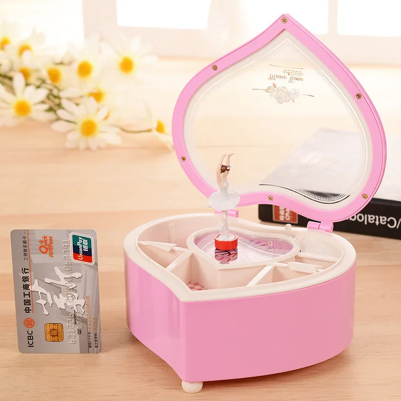 Caja de música de bailarina con forma de corazón caja de joyería de plástico para niñas Caja de música de bailarina con forma de corazón caja de joyería de plástico para niñas