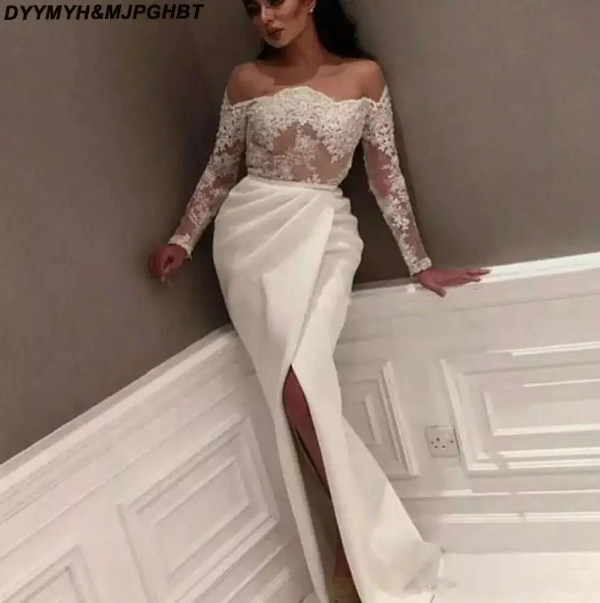 Graceful Saudi Arabic Ivory Mermaid Evening Dresses Long Sleeves 2018 Dubai Kaftan Side Split Evening Party Gowns Formal Dress_