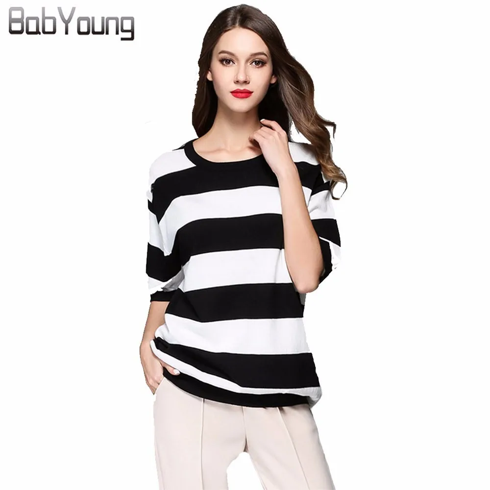BabYoung Women Striped Fashion Knitted Unlined Upper Garment Women Pullover Jumpers Jerseis Mujer Haut Femme Sweater Knitwear Sweaters