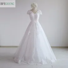 Белое Кружевное ТРАПЕЦИЕВИДНОЕ свадебное платье с v-образным вырезом длиной до пола с коротким шлейфом и короткими рукавами свадебное платье на заказ