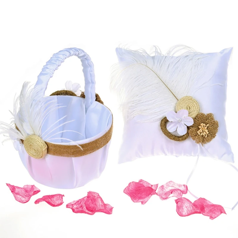 

White Romantic Flower Basket Ring Bearer Pillow Bouquets Holder For Wedding Ceremony Party Decoration Wedding Use
