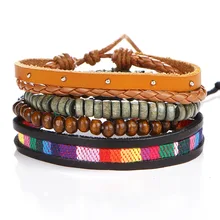 2016 New Hot Rainbow multilayer woven leather bracelet rivets string wooden beads handmade bracelet jewelry wholesale