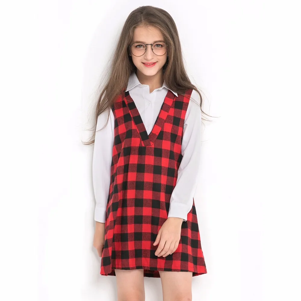 

Girls plaid dress for teen 6 8 10 12 14 16 years full sleeve cotton college style dress real shot model lossen shirt dresses