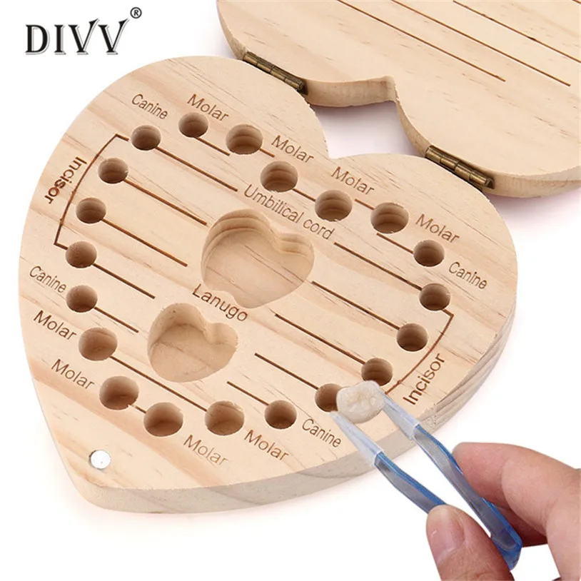 English Kids Tooth Box Organizer Baby Save Milk Teeth Wood Storage
