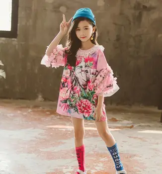 

Teenage 2019 Summer Children Girls Cartoon Printed Pink Casual Dress , Princess Fashion Cute Clothing 6 pcs/lot, Wholesale