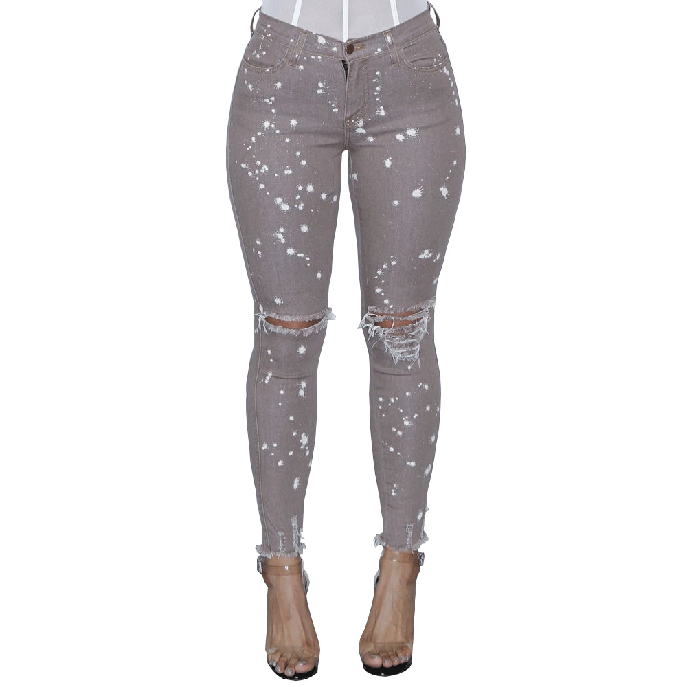 Женские обтягивающие джинсы с высокой талией потертые тянущиеся до колена