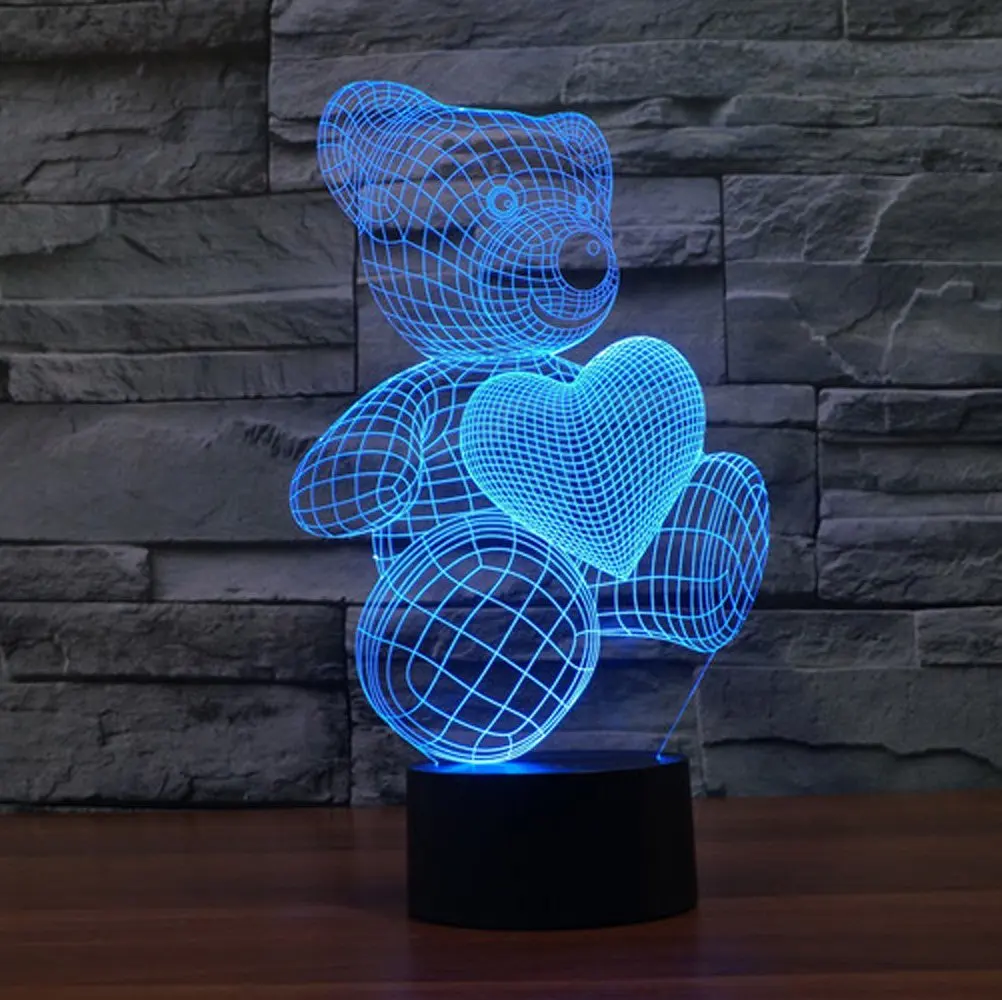 Акриловый светодиодный светильник с милым сердечком и медведем в форме сердца, 3D Детский Ночной светильник, спальный светильник для детей, подарок на день рождения