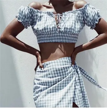 

2019 Women Plaid Skirt Set Lace Up Off Shoulder Crop Tops Holiday Sets Short Sexy Bow High Waist Mini Skirt Set