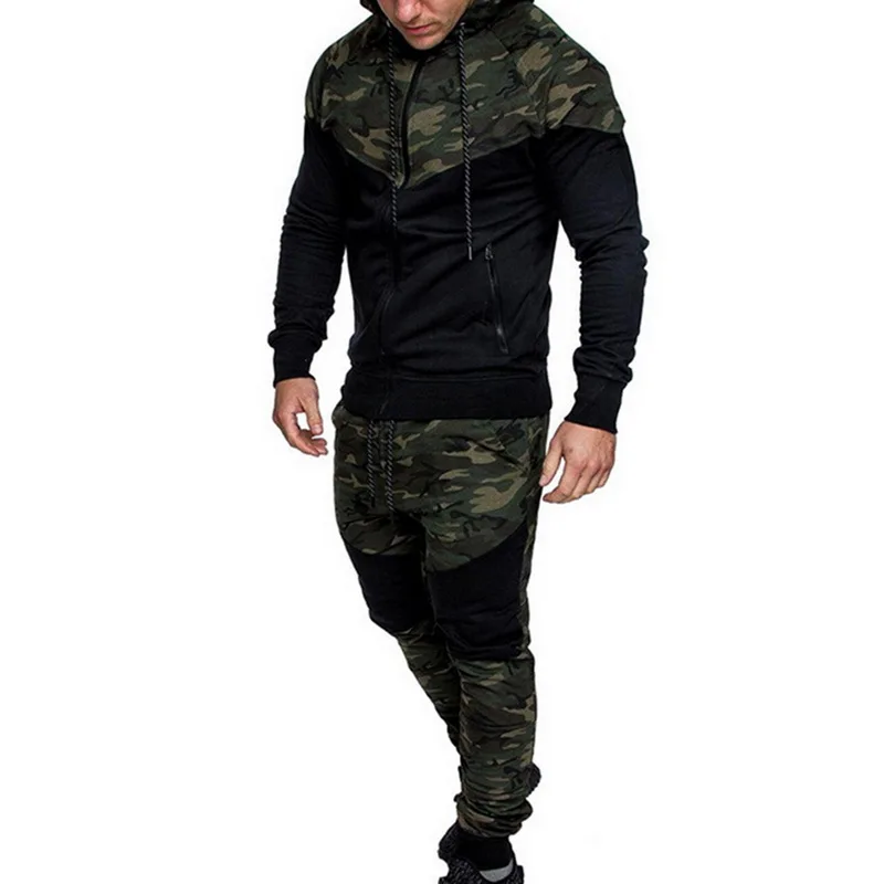 SHUJIN New Camouflage Printed Men Set Causal Patchwork Jacket Men 2Pcs Tracksuit Sportswear Hoodies Sweatshirt Pants Jogger Suit