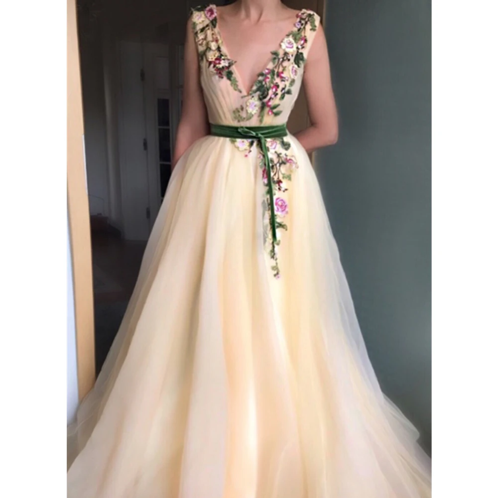 Wonderful-Appliques-Light-Champagne-Tulle-Evening-Dress-V-Neck-A-Line-Floor-Length-Long-Elegant-Prom (2)