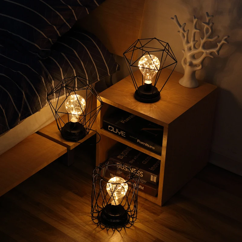

Retro Iron Art Minimalist Iron Candlestick Night Light Iron Diamond Models For Bed Modern Touch Polygon Table Lamp Reading Lamp