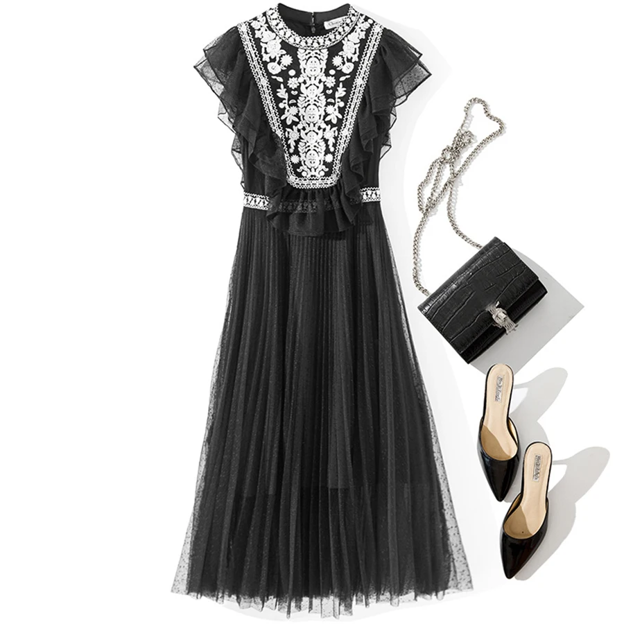 

VERDEJULIAY Luxury Party Dresses 2019 Summer Fashion Ruffles Sexy Vestido Flower Embroidery Mesh White/Black Midi Dress