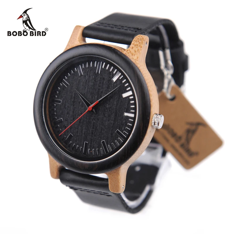 BOBO BIRD Luxury Brand Mens Watches Women Bamboo Watches Black Leather Strap Quartz Wrist Watches relogio masculino C-M13