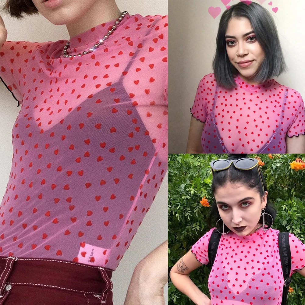 Женские прозрачные футболки, сексуальные женские сетчатые топы, розовые Топы в горошек с коротким рукавом и круглым вырезом, тонкие топы, прозрачные футболки