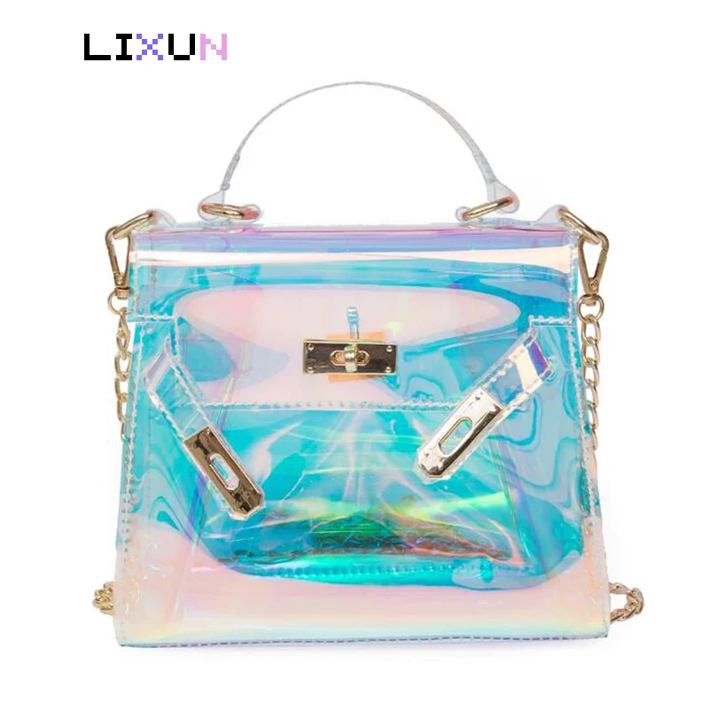 

Summer Women Plastic Messenger Handbag Transparent Rainbow Laser Chain Clear Tote Clutch Shoulder Crossbody Bag Evening Purse