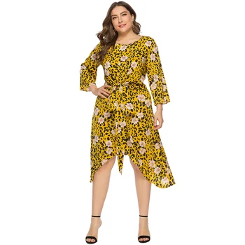 

2019 Women Summer Beach Dress O Neck 3/4 Sleeve Plus Size 6XL Asymmetrical Maxi Dress Printed Flower bayan elbise