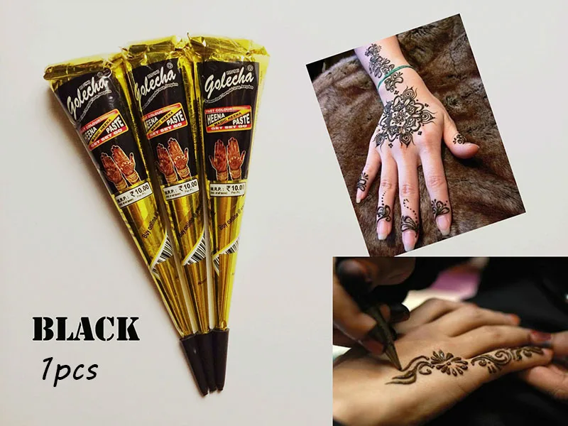 Черная, коричневая, красная, белая хна, конусы, индийская хна, тату-паста для Временной Татуировки, боди-арт, наклейка, менди, краска для тела - Цвет: black