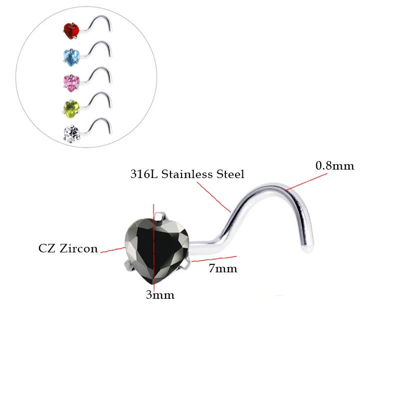 3 шт хрустальные шпильки для носа, богемный пирсинг из хирургической стали, кольца для носа Nariz, крючки для пирсинга сердца, аксессуары для носа
