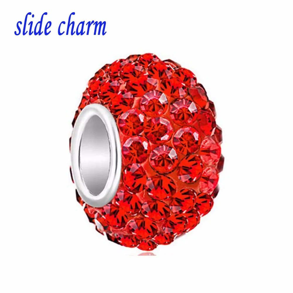 

slide charm Free shipping Valentine's Day red clay amulet rainbow red white crystal charm beads fit Pandora bracelet
