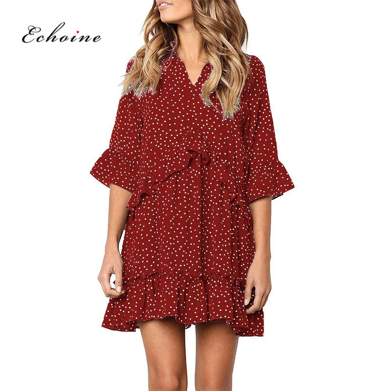 

Echoine Women's Summer Sundress Bohemian Dress Chiffon Fashionable Cascading Ruffles Dot Print Midi Female Vestido Dames Clothes