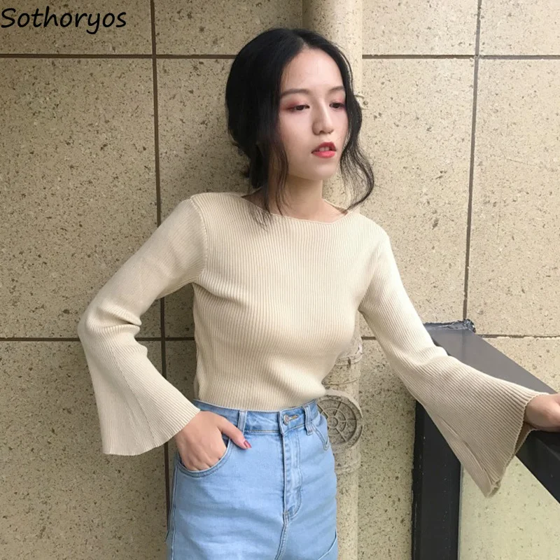 

Pullovers Women Knitting Full Solid O-Neck Flare Sleeve Womens Slim All-match Elegant Tops Simple Korean Style Pullover Trendy